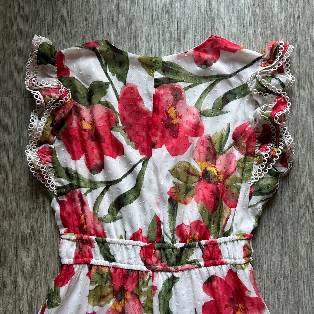 Anne Klein White Red Green Floral Short Sleeve Tier Long Maxi Dress Size Medium - Picture 8 of 11